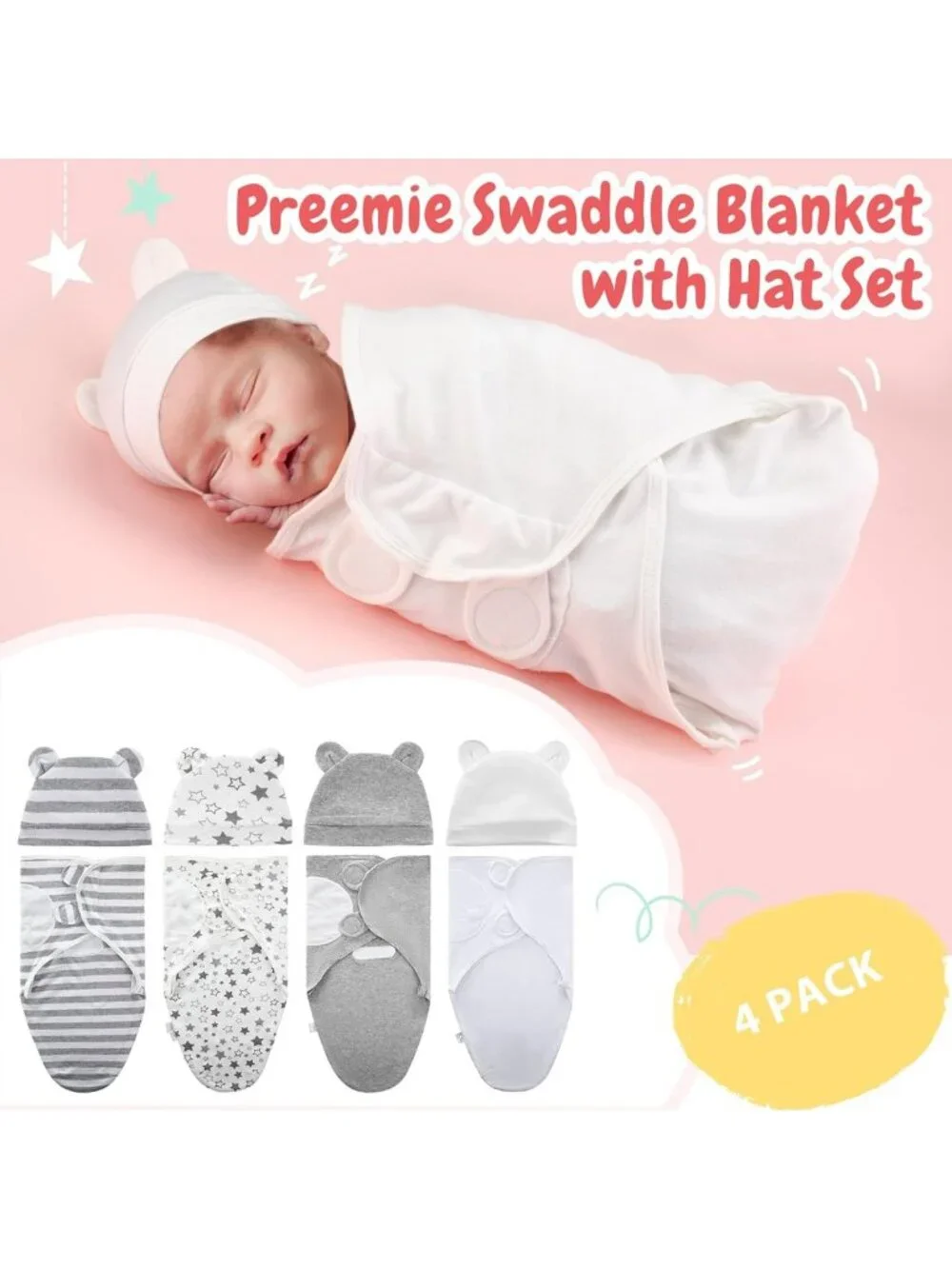 Cozy 4-Pack Swaddle Blankets with Matching Hats for Newborns and Infants
